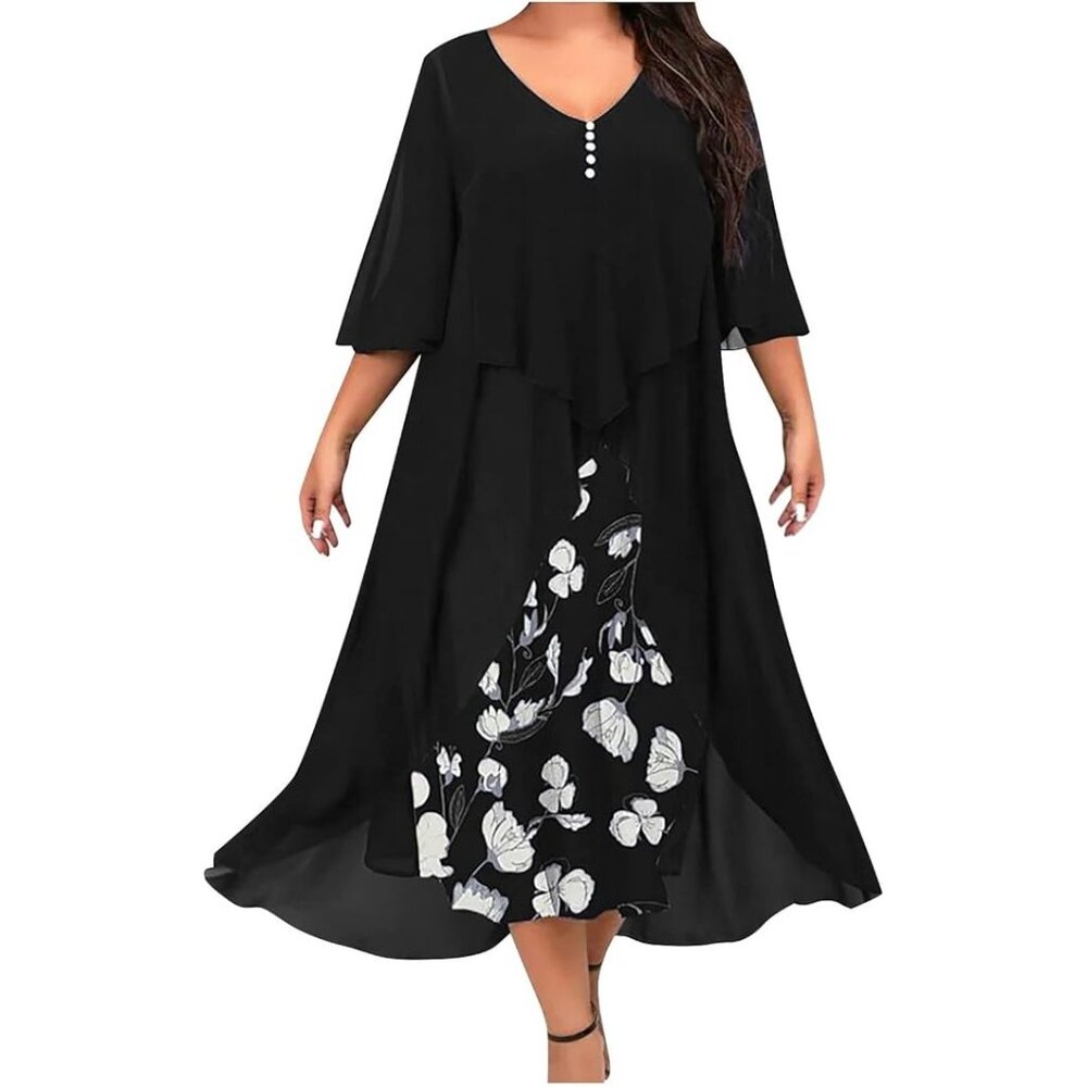Navy Blue Floral Chiffon Overlay Round Neck Elegant Retro Midi Dress Size 2X 3X